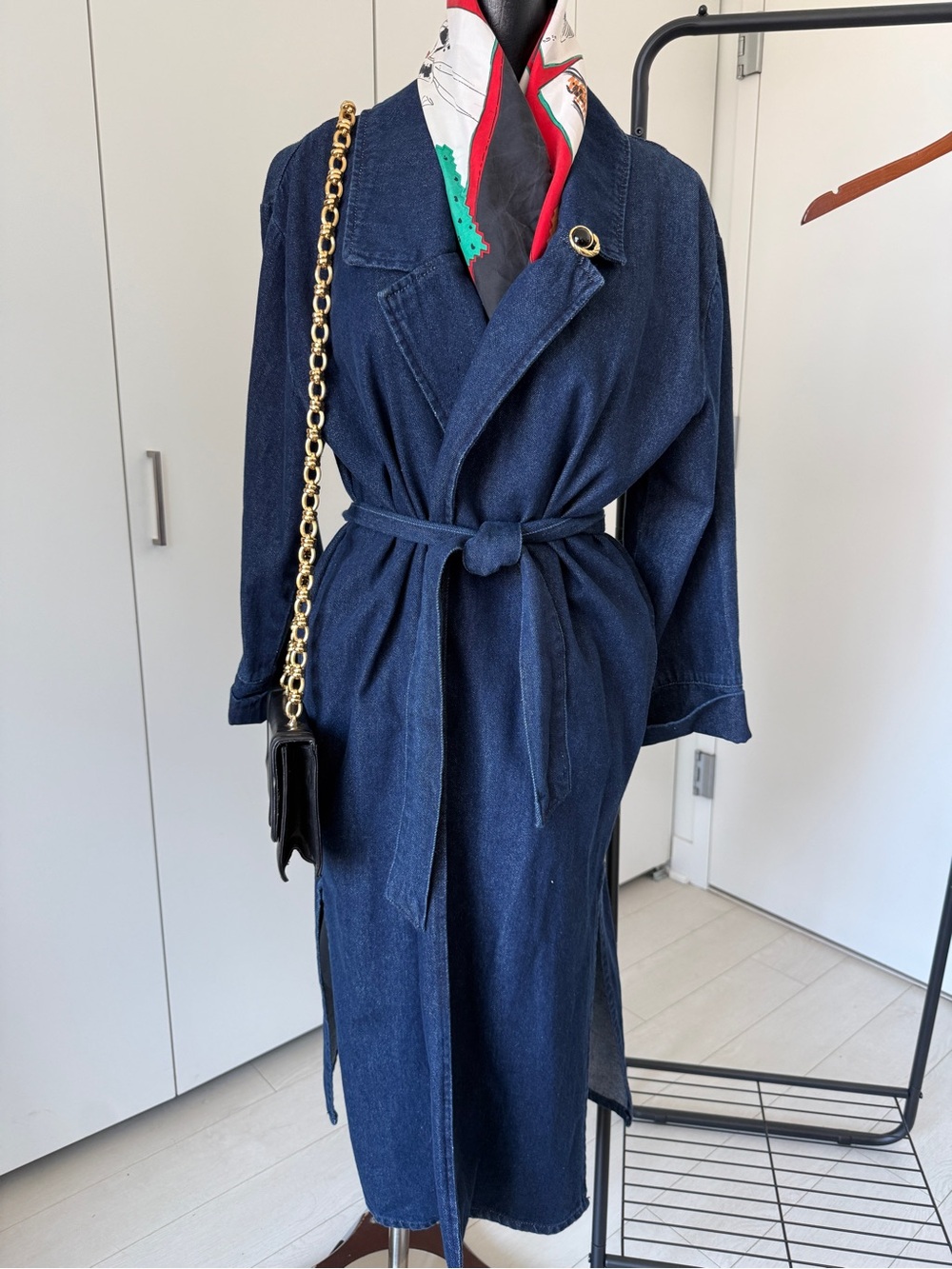 Dark Blue Women’s Denim Trench Coat with Belt